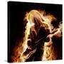 Musician With An Electronic Guitar Enveloped In Flames On A Black Background-Sergey Nivens-Stretched Canvas