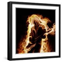 Musician With An Electronic Guitar Enveloped In Flames On A Black Background-Sergey Nivens-Framed Art Print