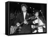 Musicians George Harrison and Bob Dylan Performing at Rock and Roll Hall of Fame-David Mcgough-Framed Stretched Canvas