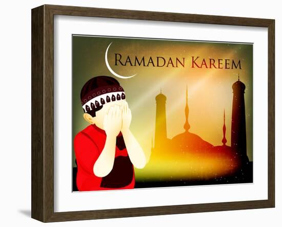 Muslim Boy Reading Namaz on Mosque or Masjid Background with Moon .-aispl-Framed Photographic Print