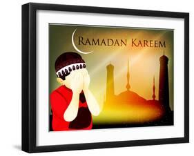Muslim Boy Reading Namaz on Mosque or Masjid Background with Moon .-aispl-Framed Photographic Print
