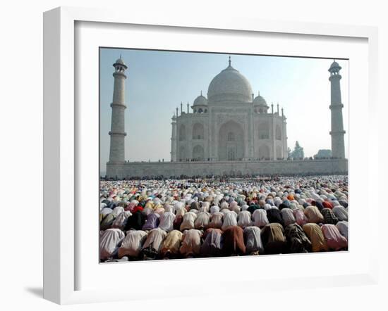 Muslim Faithful Pray at the Mosque in the Taj Mahal Complex to Celebrate Eid-Al-Fitr-null-Framed Photographic Print