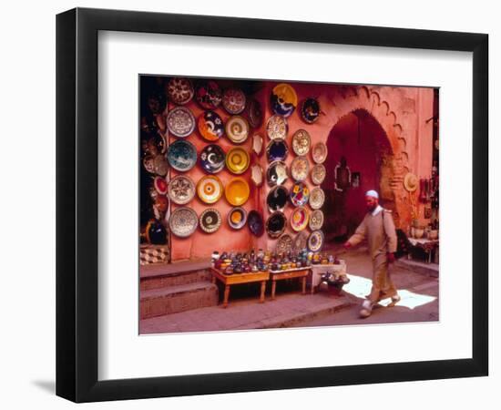 Muslim Man Walks by Wall of Moroccan Pottery, Marrakech, Morocco-John & Lisa Merrill-Framed Photographic Print