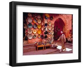 Muslim Man Walks by Wall of Moroccan Pottery, Marrakech, Morocco-John & Lisa Merrill-Framed Photographic Print