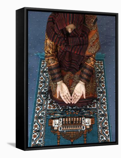 Muslim Woman Kneeling on Prayer Mat Saying Prayers, Jordan, Middle East-null-Framed Stretched Canvas