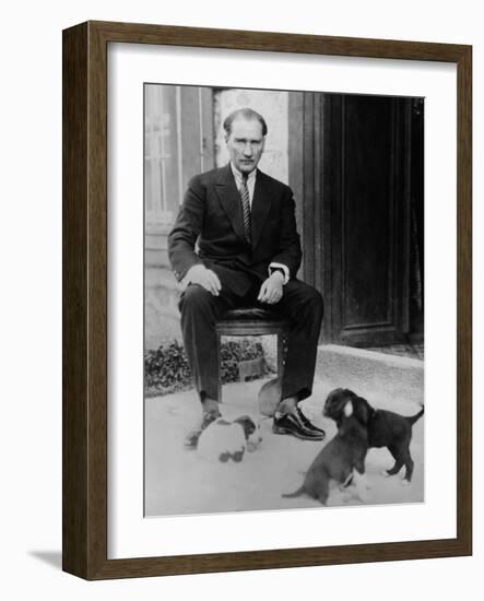 Mustafa Kemal Ataturk, President of Turkey, with His Pet Dogs, Ca. 1930-null-Framed Photo