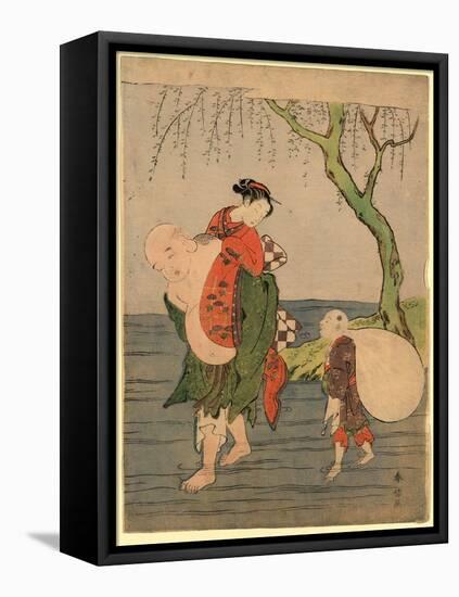 Musume O Seotte Kawa O Wataru Hotei-Suzuki Harunobu-Framed Stretched Canvas