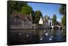 Mute swans (Cygnus olor), at the Minnewater Lake and Begijnhof Bridge with entrance to Beguinage, B-Peter Barritt-Framed Stretched Canvas