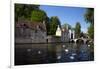 Mute swans (Cygnus olor), at the Minnewater Lake and Begijnhof Bridge with entrance to Beguinage, B-Peter Barritt-Framed Photographic Print