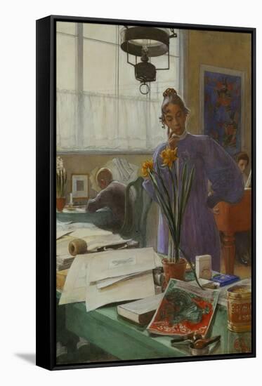 My Wife (Karin in the Studio]-Carl Larsson-Framed Stretched Canvas