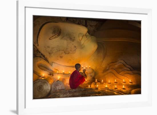 Myanmar, Bagan. Young Monk at Shinbinthalyaung Temple Reclining Buddha-Brenda Tharp-Framed Photographic Print