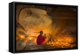 Myanmar, Bagan. Young Monk at Shinbinthalyaung Temple Reclining Buddha-Brenda Tharp-Framed Stretched Canvas