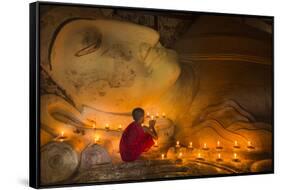 Myanmar, Bagan. Young Monk at Shinbinthalyaung Temple Reclining Buddha-Brenda Tharp-Framed Stretched Canvas