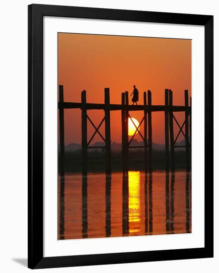 Myanmar (Burma), Amarapura, Taungthaman Lake, U Bein's Bridge, a Monk Walking Home at Sunset-Katie Garrod-Framed Photographic Print