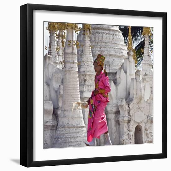 Myanmar, Burma, Lake Inle, A Young Novitiate Passes an Ornate Buddhist Shrine-Nigel Pavitt-Framed Photographic Print