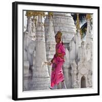 Myanmar, Burma, Lake Inle, A Young Novitiate Passes an Ornate Buddhist Shrine-Nigel Pavitt-Framed Photographic Print