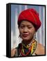 Myanmar, Burma, Loikaw; a Kayah Girl in Front of Ceremonial Posts at Chitkel Village-Katie Garrod-Framed Stretched Canvas