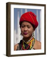 Myanmar, Burma, Loikaw; a Kayah Girl in Front of Ceremonial Posts at Chitkel Village-Katie Garrod-Framed Photographic Print