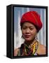 Myanmar, Burma, Loikaw; a Kayah Girl in Front of Ceremonial Posts at Chitkel Village-Katie Garrod-Framed Stretched Canvas