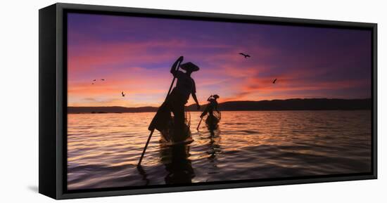 Myanmar (Burma), Shan State, Inle Lake, Local Fishermen at Sunset-Michele Falzone-Framed Stretched Canvas