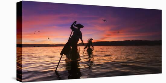 Myanmar (Burma), Shan State, Inle Lake, Local Fishermen at Sunset-Michele Falzone-Stretched Canvas