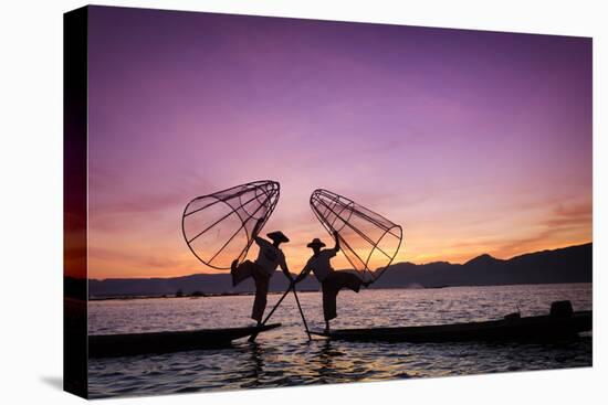 Myanmar (Burma), Shan State, Inle Lake, Local Fishermen at Sunset-Michele Falzone-Stretched Canvas