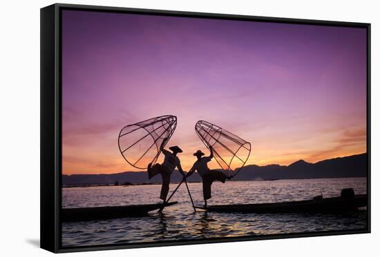 Myanmar (Burma), Shan State, Inle Lake, Local Fishermen at Sunset-Michele Falzone-Framed Stretched Canvas