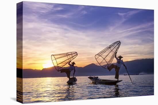 Myanmar (Burma), Shan State, Inle Lake, Local Fishermen at Sunset-Michele Falzone-Stretched Canvas