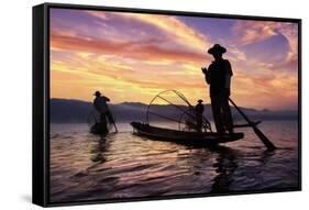 Myanmar (Burma), Shan State, Inle Lake, Local Fishermen at Sunset-Michele Falzone-Framed Stretched Canvas