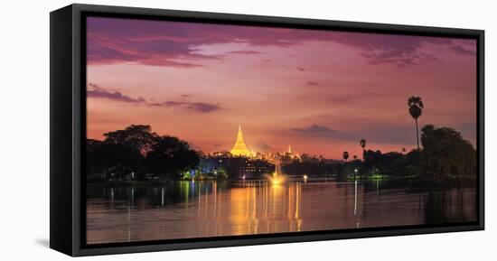 Myanmar (Burma), Yangon (Rangoon), Shwedagon Paya (Pagoda) Reflected in Kandawgyi Lake-Michele Falzone-Framed Stretched Canvas
