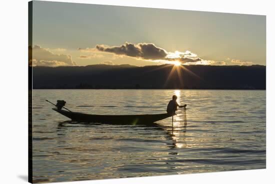 Myanmar, Inle Lake. Fisherman at Sunset-Brenda Tharp-Stretched Canvas