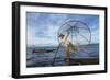 Myanmar, Inle Lake. Young Fisherman Demonstrates a Traditional Rowing Technique-Brenda Tharp-Framed Photographic Print