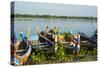 Myanmar. Mandalay. Amarapura. Taungthaman Lake. Colorful Boats-Inger Hogstrom-Stretched Canvas