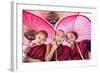 Myanmar, Mandalay Division, Bagan. Portrait of Three Novice Monks under Red Umbrellas (Mr)-Matteo Colombo-Framed Photographic Print