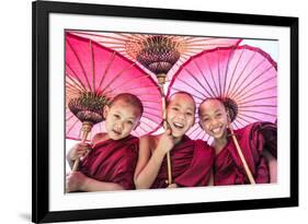 Myanmar, Mandalay Division, Bagan. Portrait of Three Novice Monks under Red Umbrellas (Mr)-Matteo Colombo-Framed Photographic Print