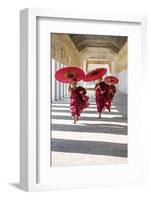 Myanmar, Mandalay Division, Bagan. Three Novice Monks Running with Red Umbrellas in a Walkway (Mr)-Matteo Colombo-Framed Premium Photographic Print