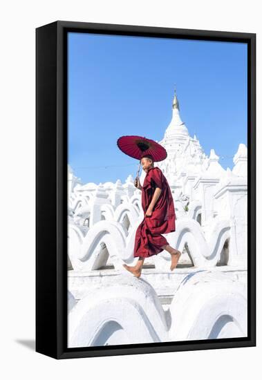 Myanmar, Mandalay Division, Mingun. Novice Monk with Red Umbrella Jumping on Hsinbyume Pagoda (Mr)-Matteo Colombo-Framed Stretched Canvas