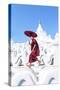 Myanmar, Mandalay Division, Mingun. Novice Monk with Red Umbrella Jumping on Hsinbyume Pagoda (Mr)-Matteo Colombo-Stretched Canvas