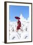 Myanmar, Mandalay Division, Mingun. Novice Monk with Red Umbrella Jumping on Hsinbyume Pagoda (Mr)-Matteo Colombo-Framed Photographic Print