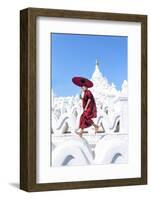 Myanmar, Mandalay Division, Mingun. Novice Monk with Red Umbrella Jumping on Hsinbyume Pagoda (Mr)-Matteo Colombo-Framed Photographic Print