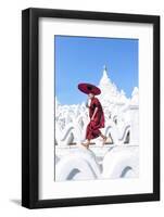 Myanmar, Mandalay Division, Mingun. Novice Monk with Red Umbrella Jumping on Hsinbyume Pagoda (Mr)-Matteo Colombo-Framed Photographic Print