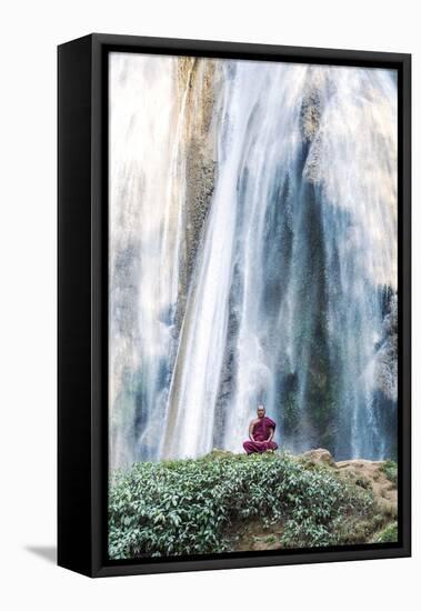 Myanmar, Mandalay Division, Pyin Oo Lwin. Burmese Monk Meditating under Dattawgyaik Waterfall (Mr)-Matteo Colombo-Framed Stretched Canvas