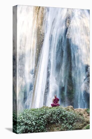 Myanmar, Mandalay Division, Pyin Oo Lwin. Burmese Monk Meditating under Dattawgyaik Waterfall (Mr)-Matteo Colombo-Stretched Canvas