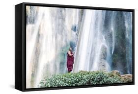 Myanmar, Mandalay Division, Pyin Oo Lwin. Burmese Monk Praying under Dattawgyaik Waterfall (Mr)-Matteo Colombo-Framed Stretched Canvas