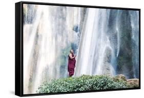 Myanmar, Mandalay Division, Pyin Oo Lwin. Burmese Monk Praying under Dattawgyaik Waterfall (Mr)-Matteo Colombo-Framed Stretched Canvas