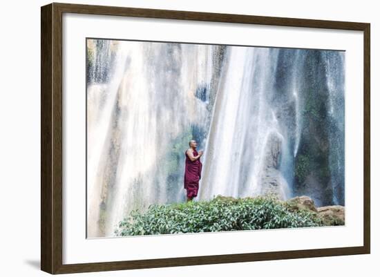 Myanmar, Mandalay Division, Pyin Oo Lwin. Burmese Monk Praying under Dattawgyaik Waterfall (Mr)-Matteo Colombo-Framed Photographic Print