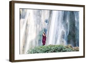 Myanmar, Mandalay Division, Pyin Oo Lwin. Burmese Monk Praying under Dattawgyaik Waterfall (Mr)-Matteo Colombo-Framed Photographic Print