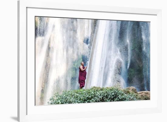 Myanmar, Mandalay Division, Pyin Oo Lwin. Burmese Monk Praying under Dattawgyaik Waterfall (Mr)-Matteo Colombo-Framed Photographic Print