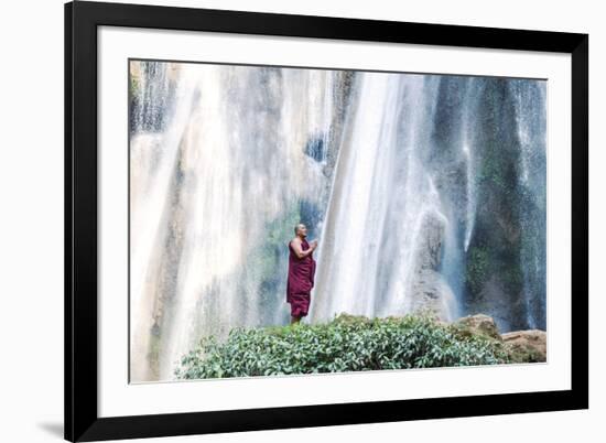 Myanmar, Mandalay Division, Pyin Oo Lwin. Burmese Monk Praying under Dattawgyaik Waterfall (Mr)-Matteo Colombo-Framed Photographic Print