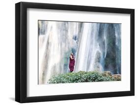 Myanmar, Mandalay Division, Pyin Oo Lwin. Burmese Monk Praying under Dattawgyaik Waterfall (Mr)-Matteo Colombo-Framed Photographic Print